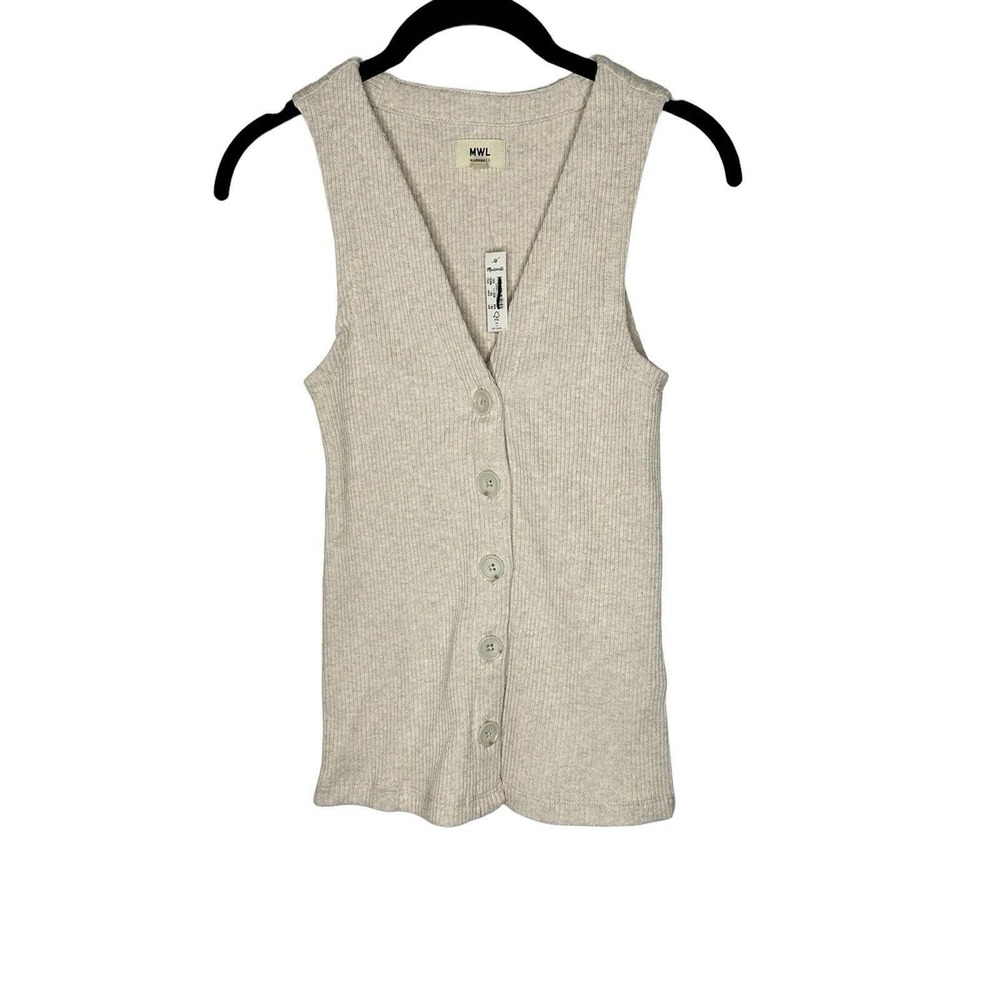 NWT Madewell MWL Women Button Front Knit Vest XXS Ribbed Cotton Blend V Neck Tan